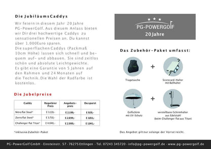 PG-Powergolf Nitro Flat Steel Elektro Golftrolley inklusive Zubehör-Paket